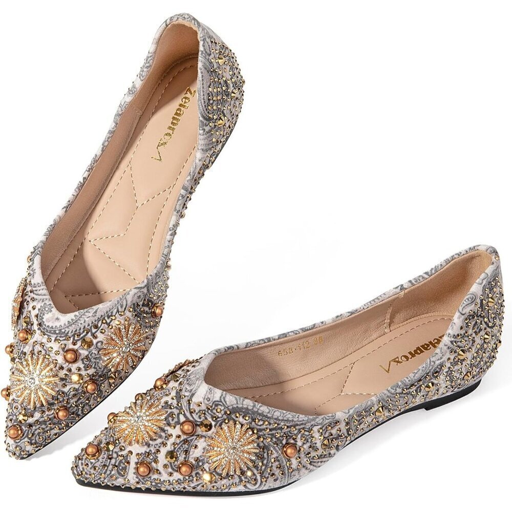 Zelaprox Women's Gold Leather Rhinestone Pointed Toe Bowknot Ballet Shoes